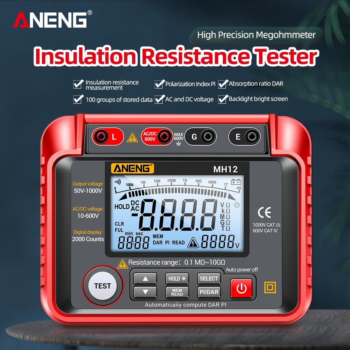 HD Display Digital Megohmmeter Insulation Series Digital Tester Electrical High Resistance Meter Insulation Resistance Tester Insulation Meter Digital Megohmmeter High Precision ANENG MH12