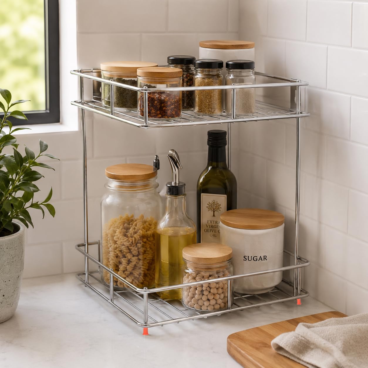 Zepdos 2 Tier Stainless Steel Kitchen Organizer Rack, Wall Mounted Spice Rack & Countertop Storage Shelf for Kitchen, Bathroom & Pantry, Multipurpose Storage Stand for Jars, Oil Bottles & Utensils