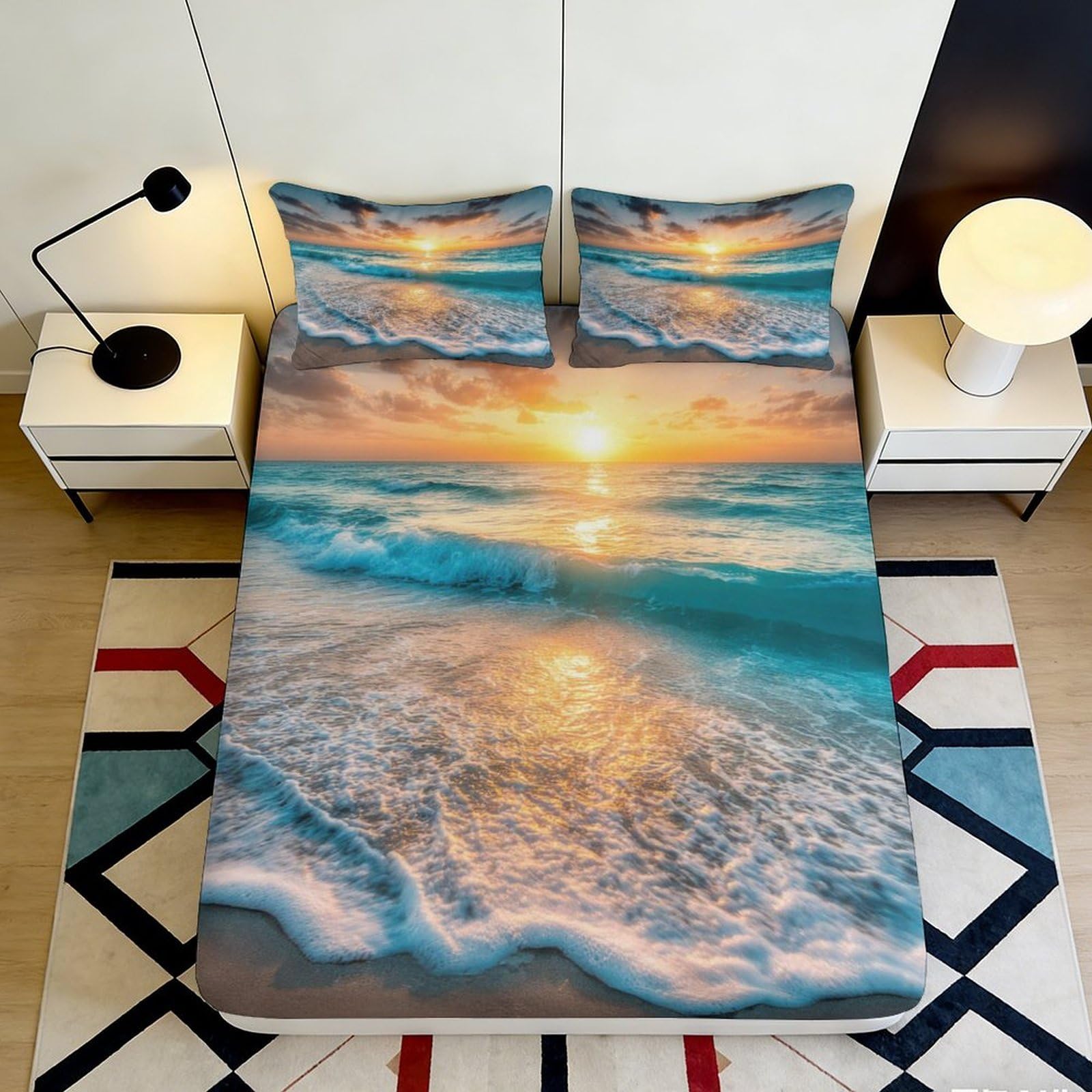 Pnayamiorkfel Style-10 3D Printed Sunset Ocean Fitted Sheet Microfiber Soft Breathable Beach Wave Bed Cover For Bedroom Guest Room Decor 90X200x25cm