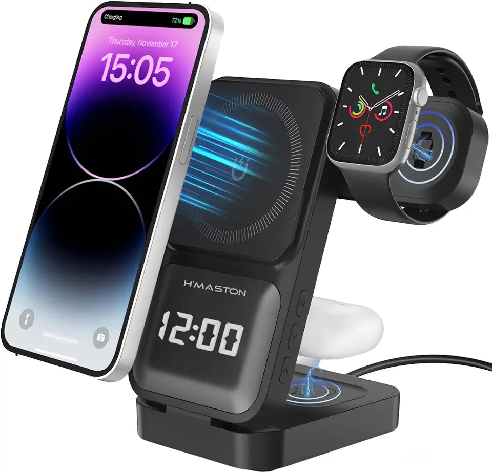 H'MASTON Carregador Indução 3 em 1 Carregador Sem Fio com Display LED, 25W Carregamento Rápido Compatível com Celular, Smartwatch e Fone de Ouvido Entrada Tipo C Material ABS+PC