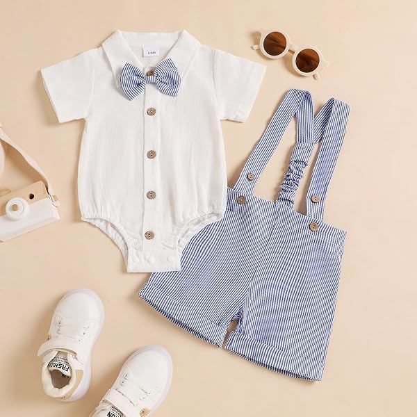 Kids Summer Plain Short Sleeve Bowknot Jumpsuit + Striped Jumpsuit - 2