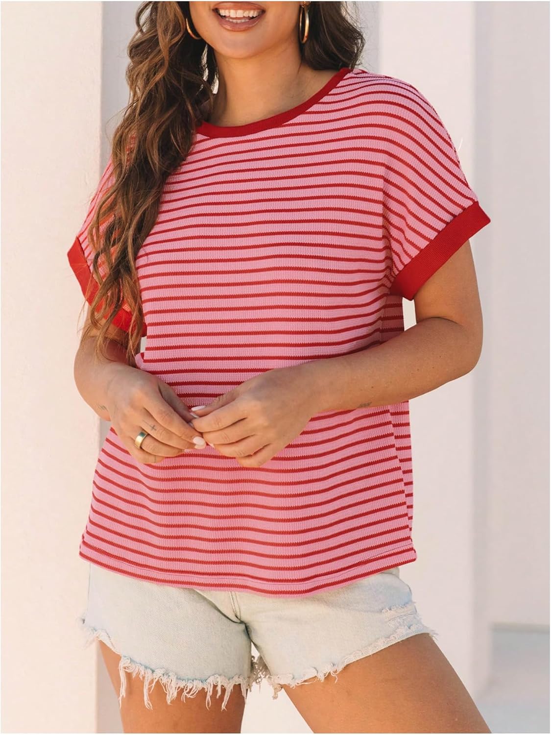 WDIRARA Women's Casual Striped Bat Wing Sleeve Knit T-Shirts Color Block Crew Neck Short Sleeve Tops - Image 7