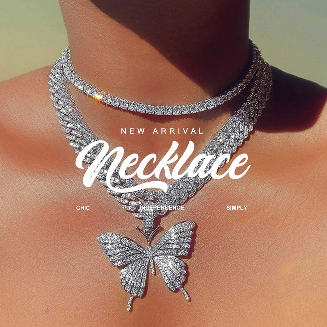 Gold Rhinestone Butterfly Necklace Pendant Chain Necklaces Jewelry for Women GIft