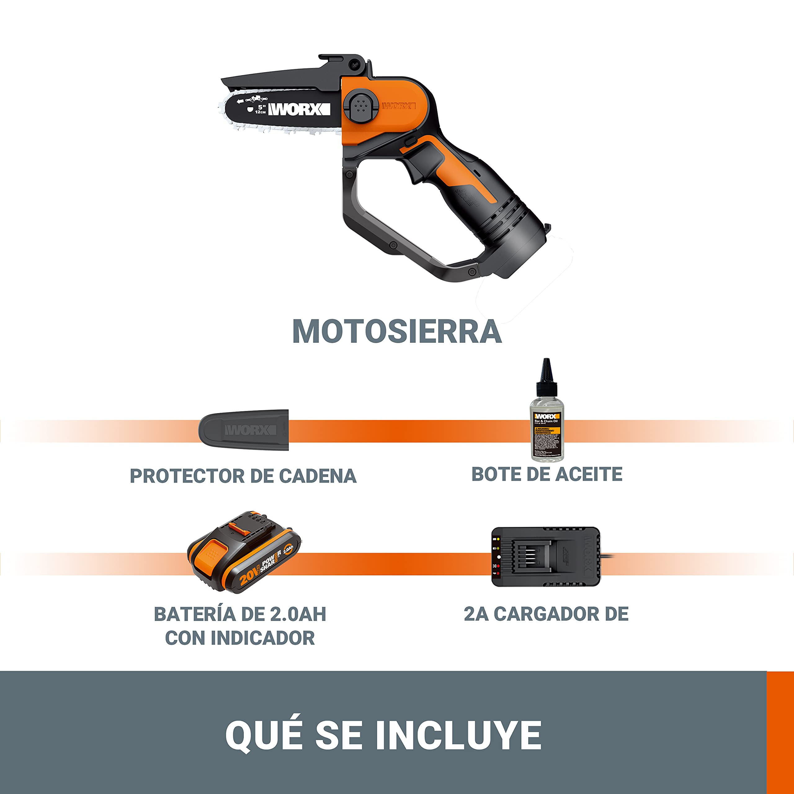 WORX WG324E Mini sierra de cadena para poda 20V, PowerShare, Incluye 1 batería 2 Ah y cargador, Motosierra de poda, Ligera y compacta, Espada de 12 cm, para ramas y jardinería en general