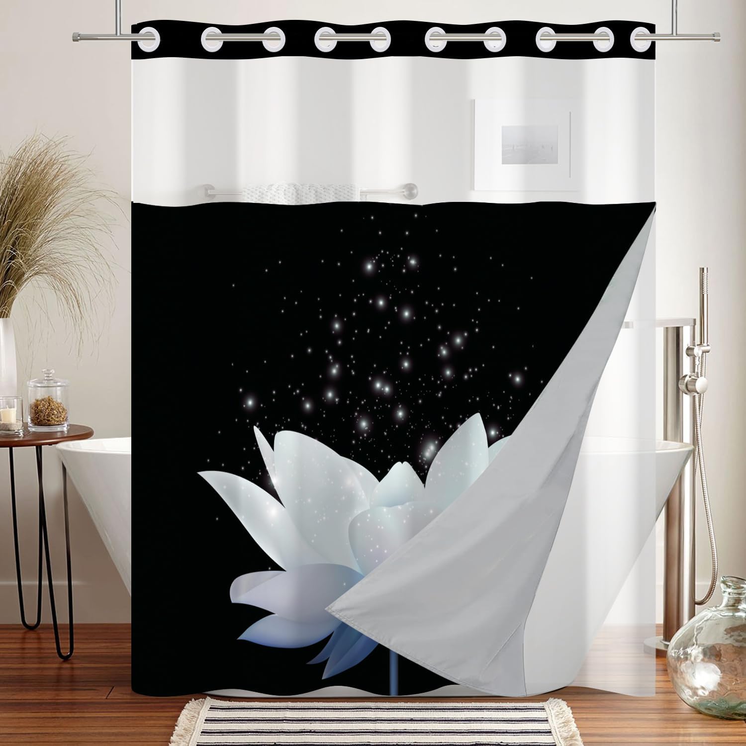 Leowefowa Lotus No Hook Shower Curtain with Snap in Liner, Blue White Floral Modern Zen Double Layer Shower Curtain and Liner Set, Ringless with Window Waterproof Cloth Fabric, 71" W X 74" L