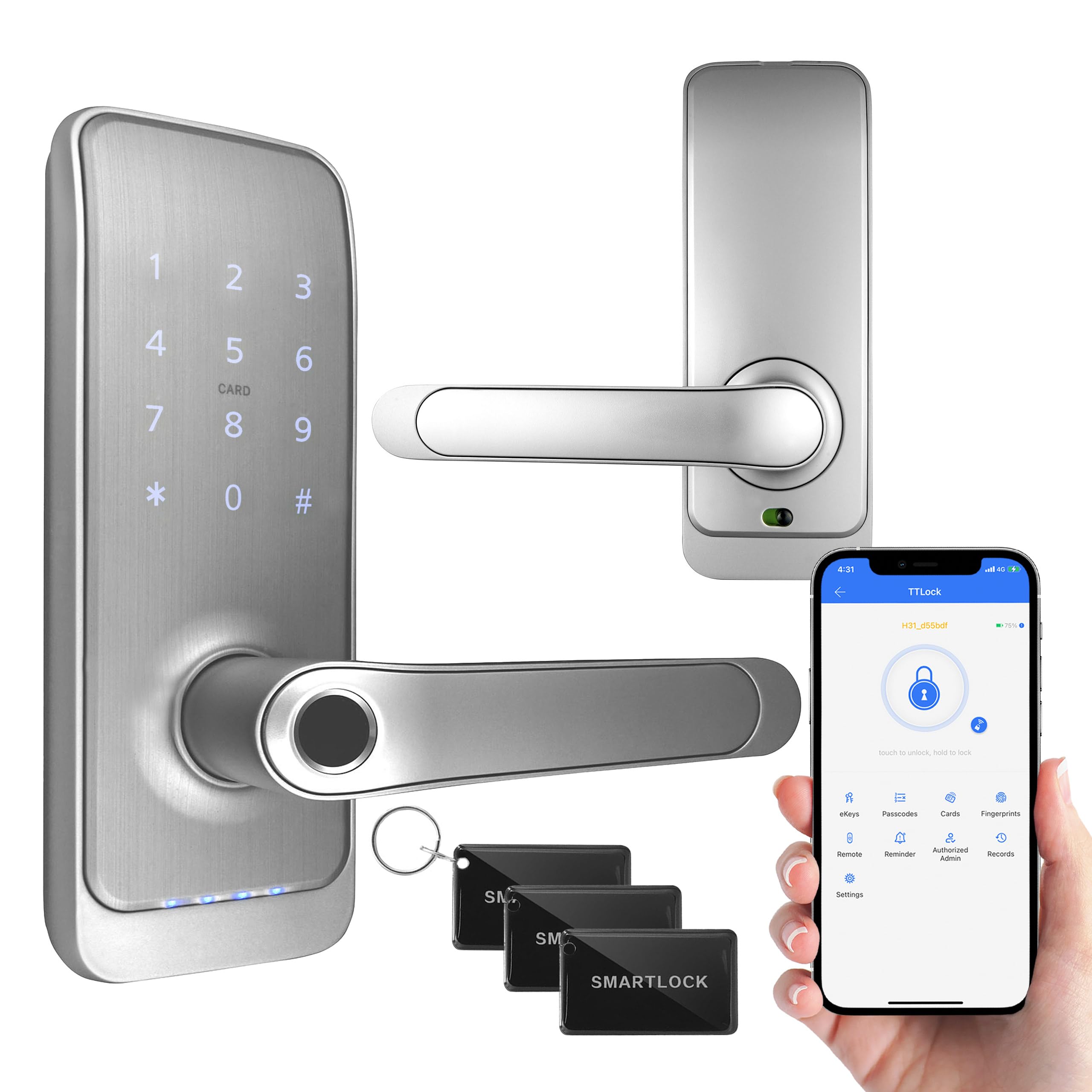 EURA ELH-01H4 Cerradura de puerta inteligente con manija Cerradura de código 13.56MHz Lector de proximidad lector biométrico IP65 Espaciado de cerrojo universal Plata