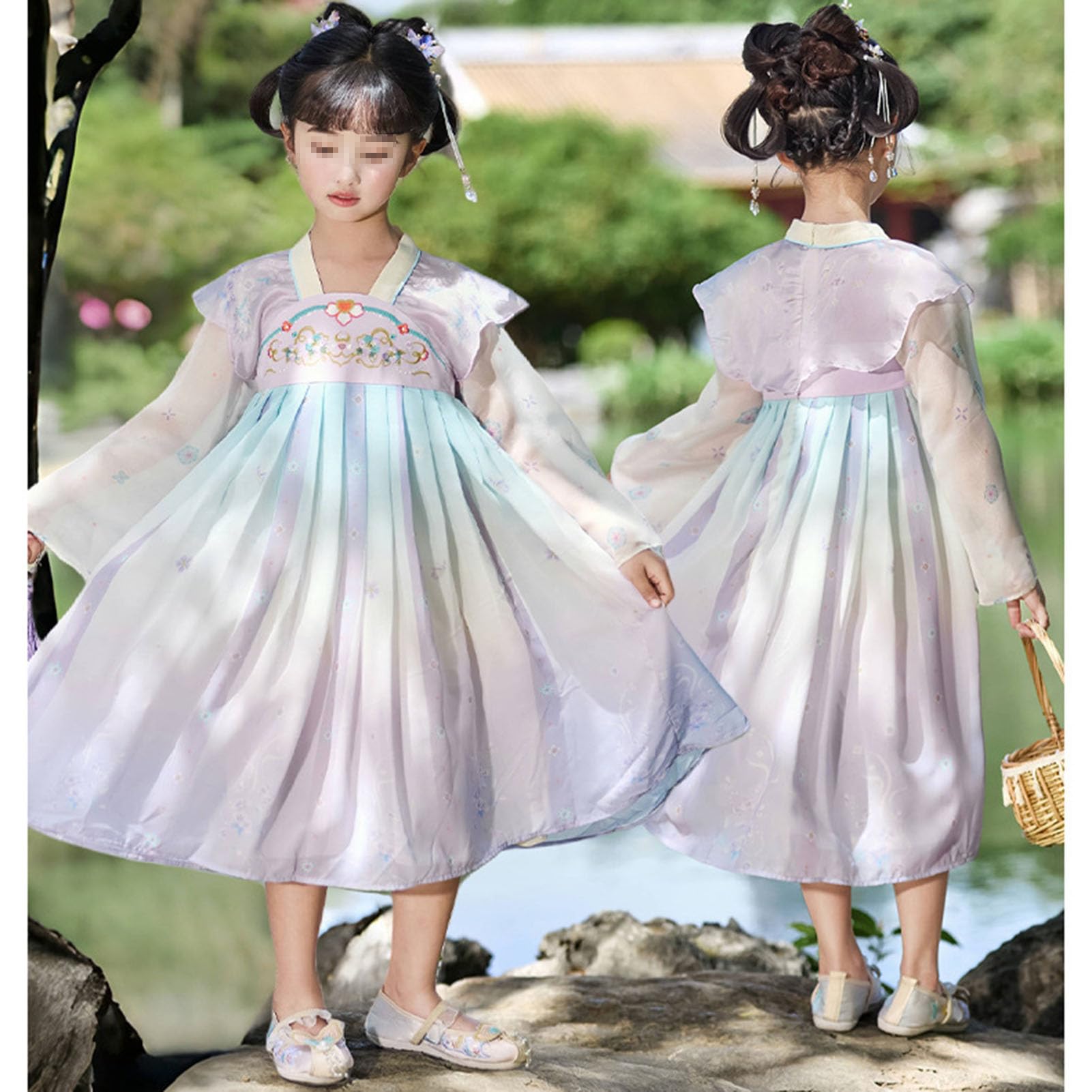 Letnia tradycyjna sukienka Hanfu dla dziewczynki i zestaw Cheongsam Qipao, chiński kwiatowy kostium z dynastii Ruqun Tang dla dzieci Dziecko, wróżka długimi rękawami strój Cosplay,150