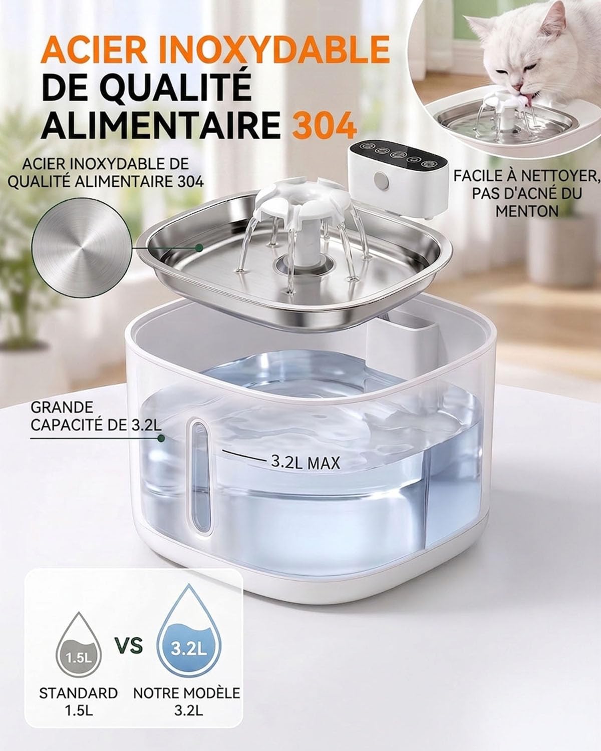 3,2L Fontaine à Eau pour Chat sans Fil Rechargeable 4000mAh, 3 Modes Intelligents, Détecteur de Mouvement, Filtration Avancée, Silencieux Fontaine à Eau Automatique, Filtre 5 Étapes, sans BPA