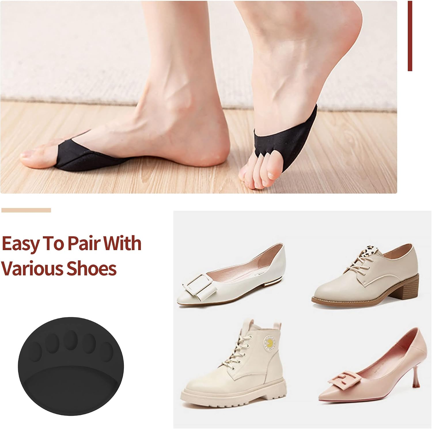 Invisible Breathable Honeycomb Fabric Ball of Foot Pads, Thickened Soft Metatarsal Cushions Socks for Flats High Heels, Prevention Pain Relief Reusable (5 Pairs Black)