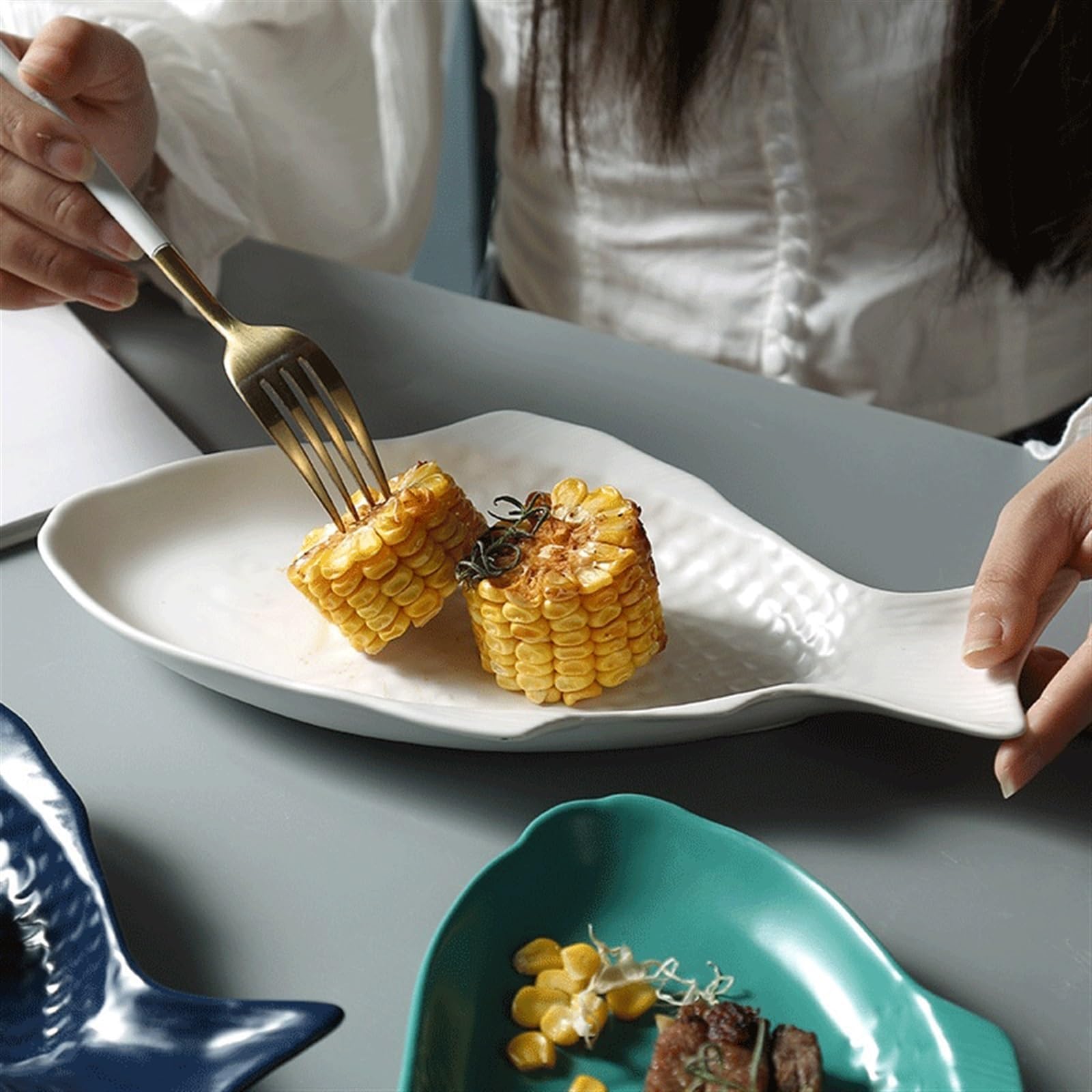 Platos de Cena Plato de Cena de cerámica en Forma de pez, Cocina casera, Restaurante, Plato de Aperitivos, Plato de Pescado al Vapor, Plato de Fruta, Plato de Aperitivo, Plato frío(D)
