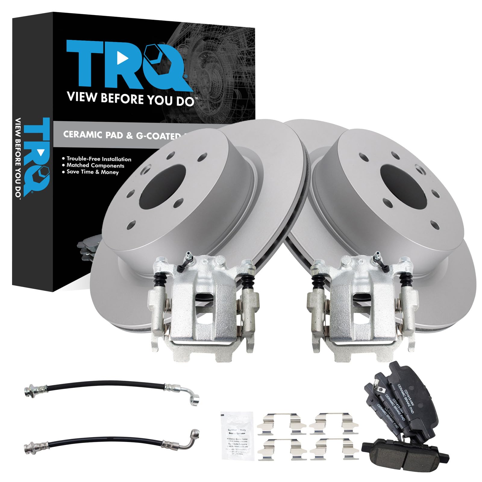 TRQ Rear Brake Pad and Rotor Set Ceramic G Coated Calipers Compatible with 2011-2012 Infiniti G25 2011-2012 G37 2015 Q40 2010-2015 Nissan 370Z