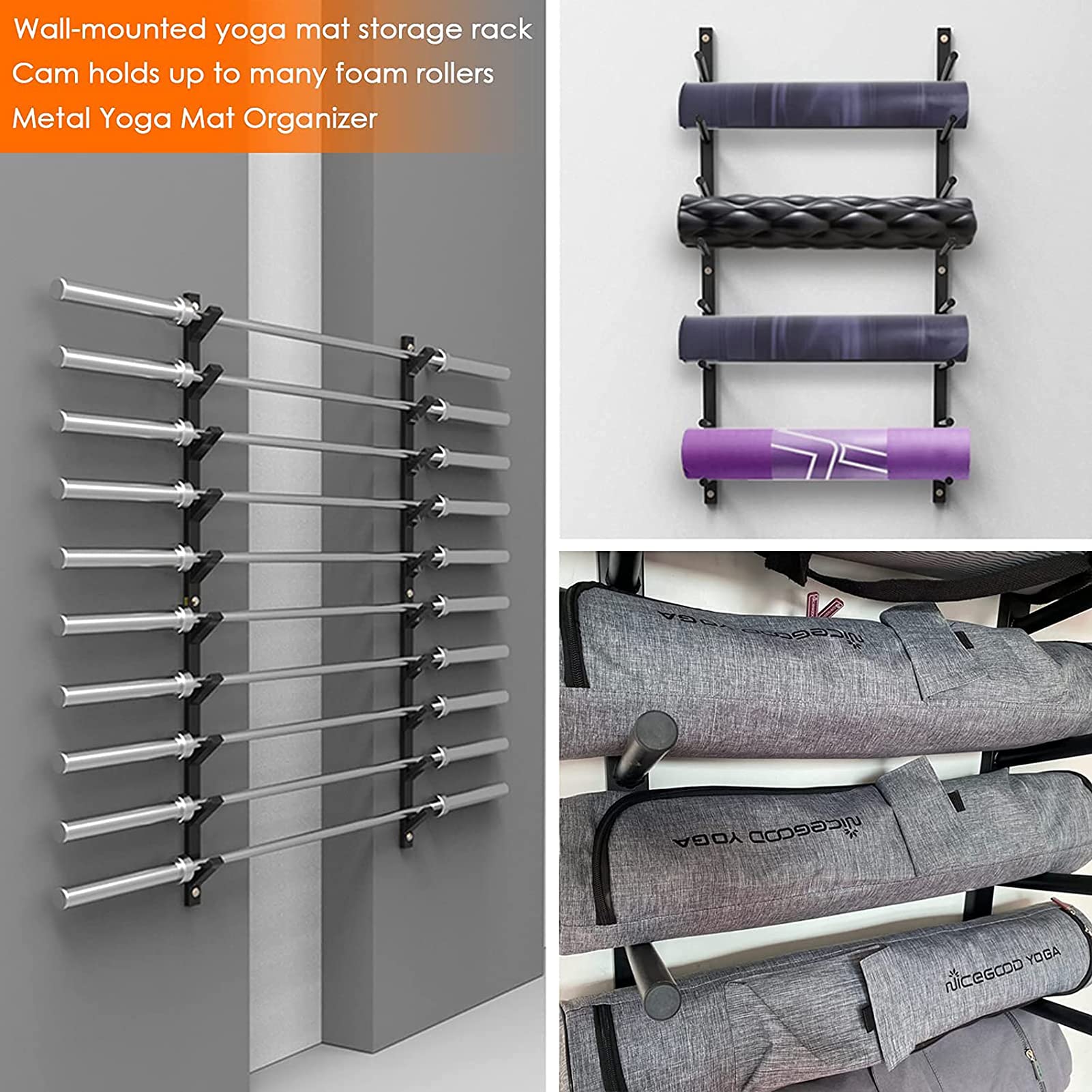 Soporte para Esterilla de Yoga Estante de Almacenamiento de Montaje en Pared Metal de para Clases de Fitness y Gimna