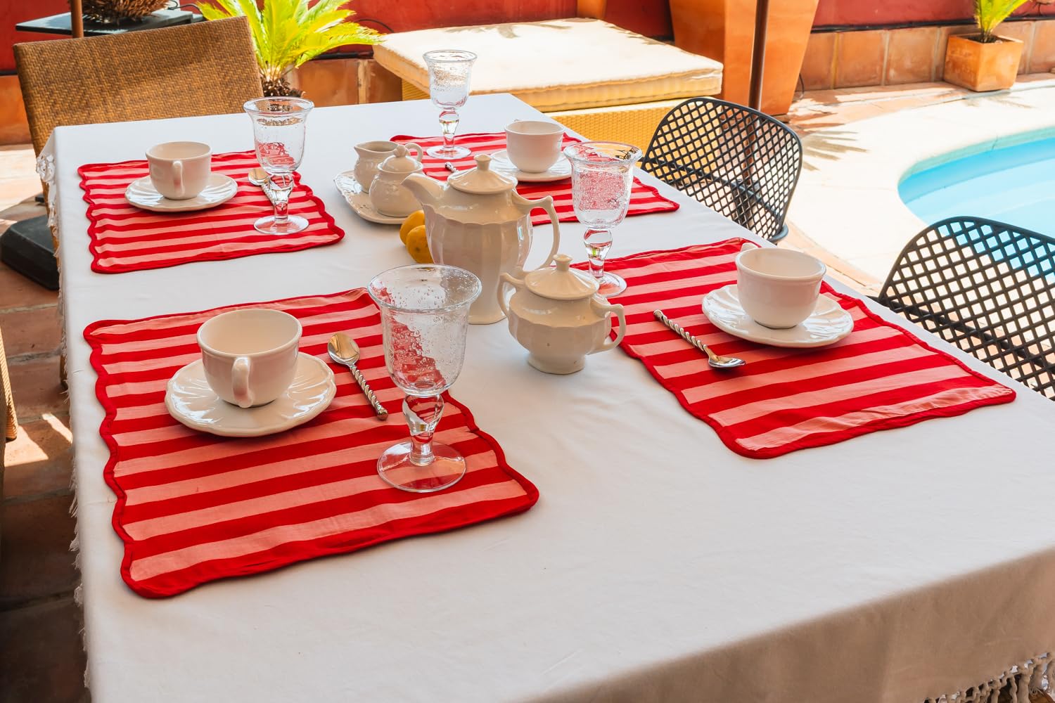 6er-Set Tischsets Baumwolle Rot und Rosa Streifen 35x45cm
