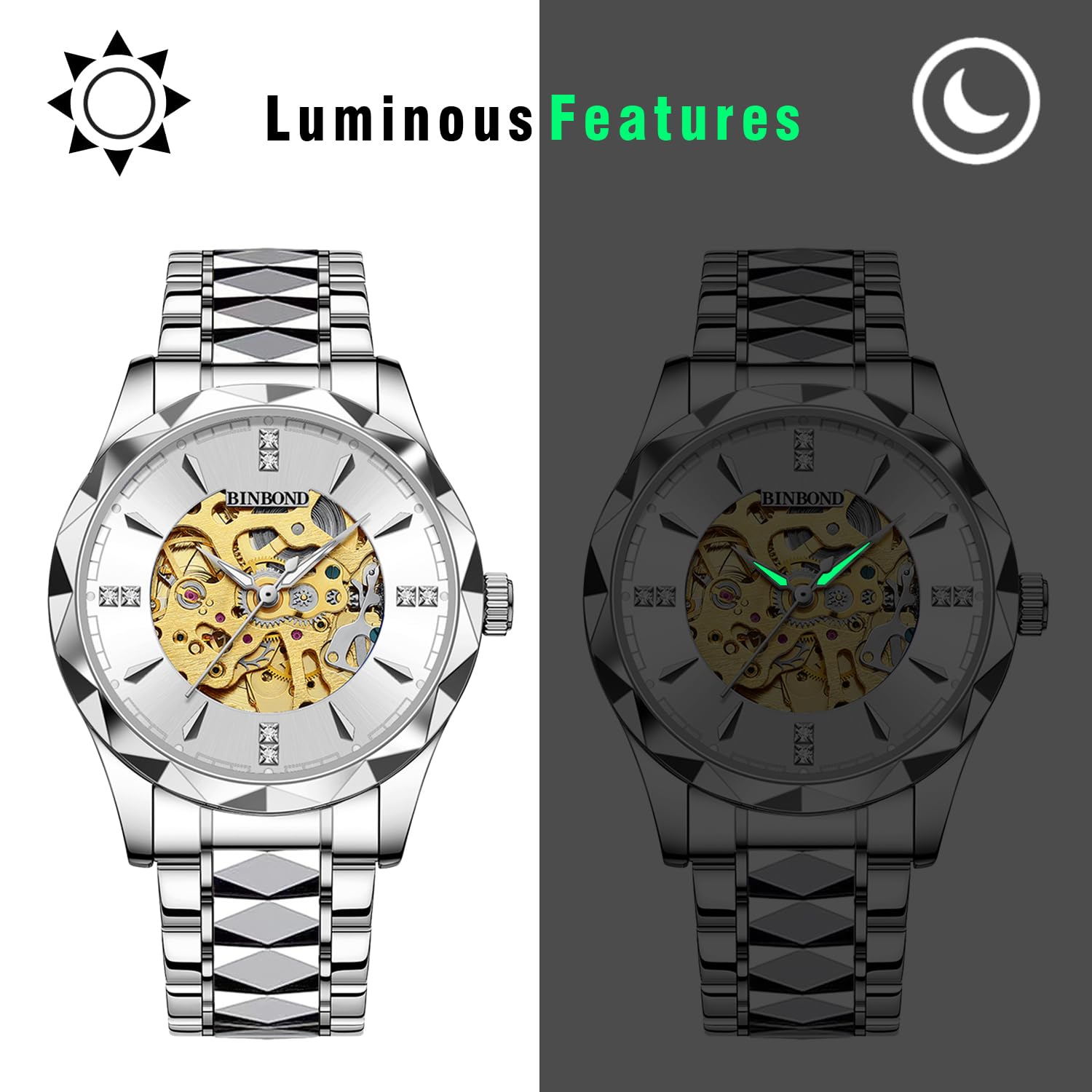 JewelryWe Orologio da Polso Meccanico Automatico: Orologio da Uomo Impermeabile Scheletro Orologi Lusso Diamante Luminoso Cinturino in Acciaio Inossidabile