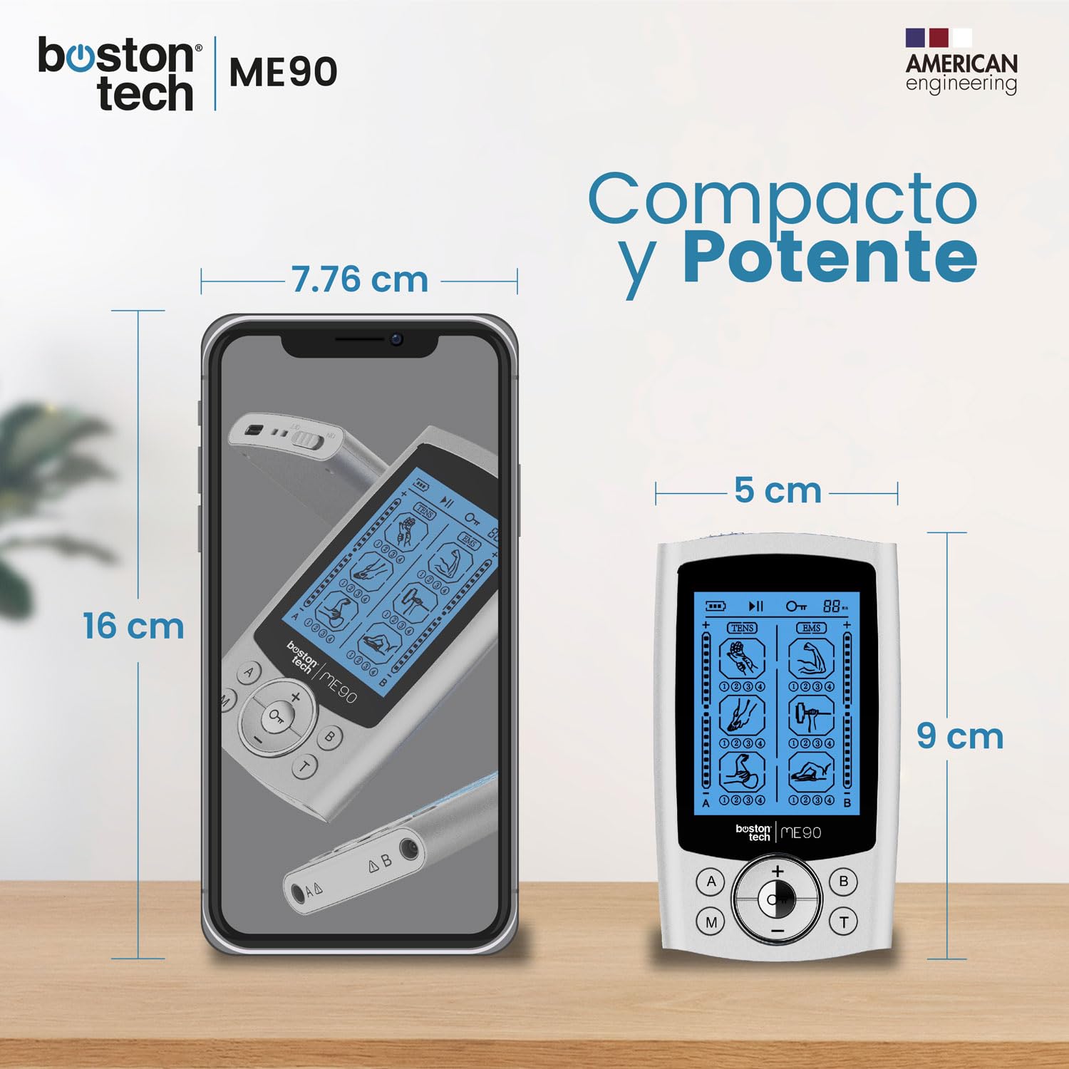 Boston Tech Electroestimulador Muscular ME90. TENS EMS. 2 Canales. 24 programas. 16 Niveles de Intensidad. Incluye 10 Electrodos. Alivio rápido y eficaz del Dolor