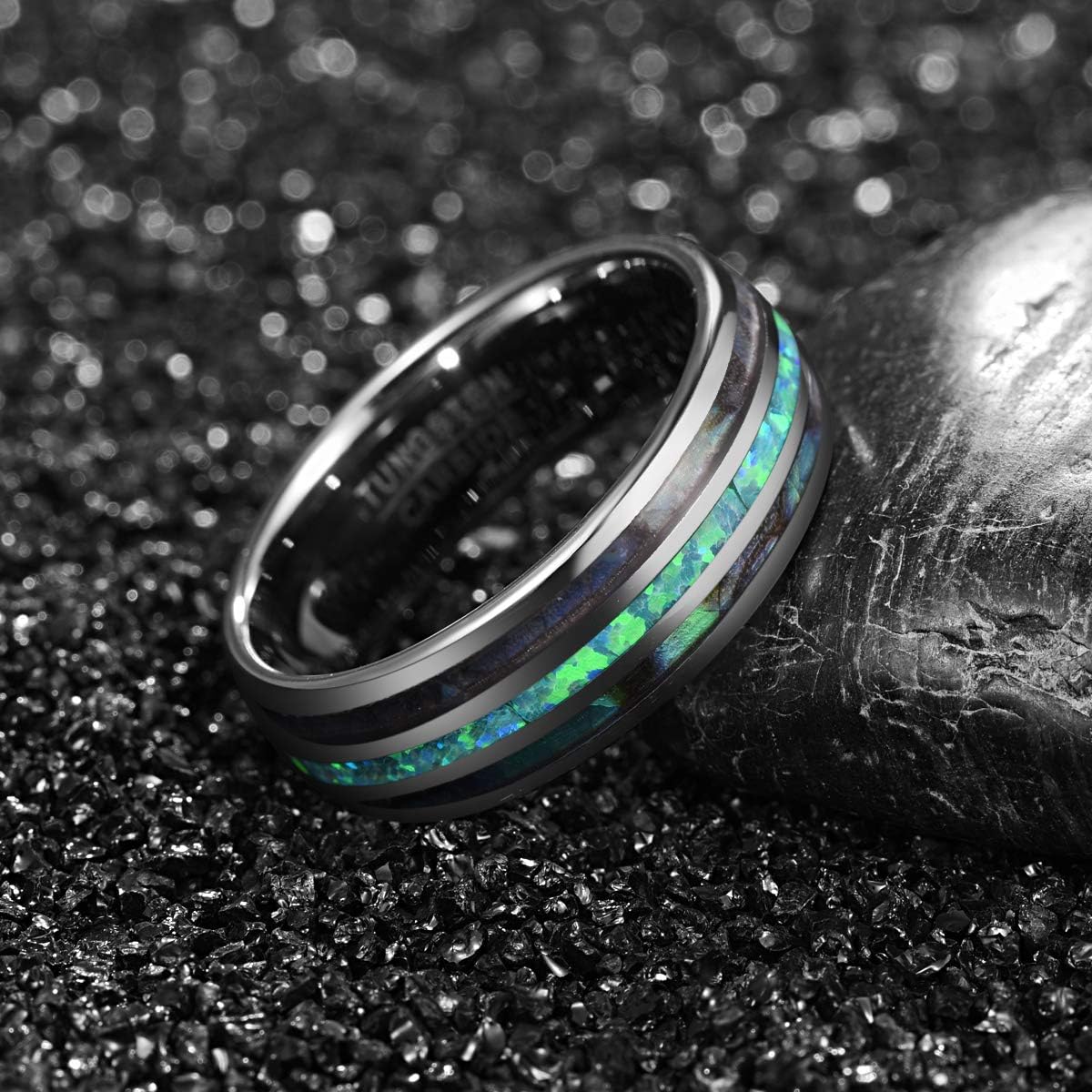 NUNCAD Mens Tungsten Ring Wedding Band 8mm Real Blue/Green Opal and Abalone Shell Tungsten Engagement Ring Comfort Fit Size 7-12 - Image 4