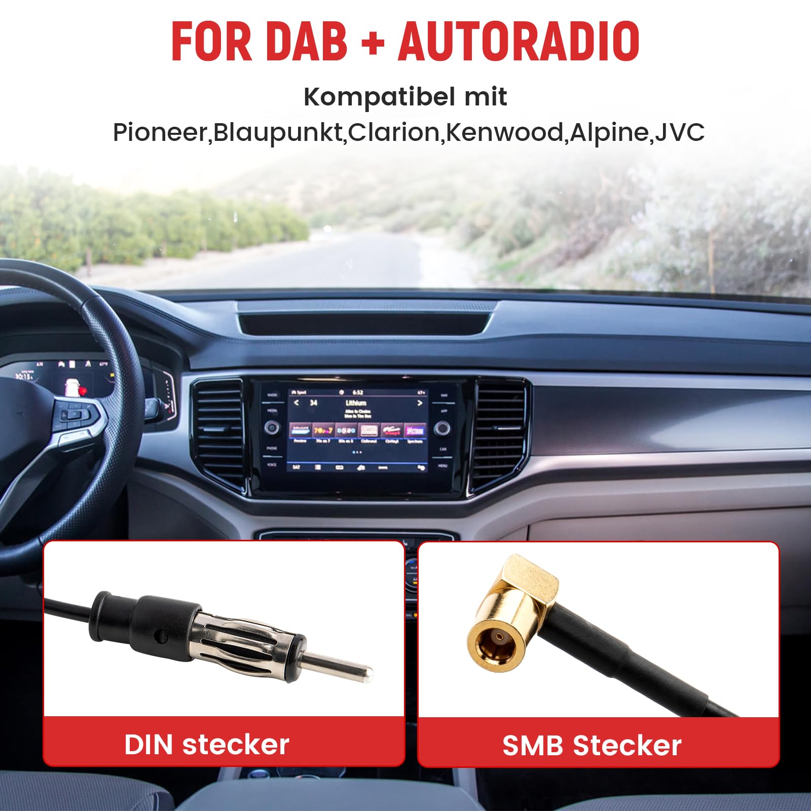 RED WOLF Autoantenne DAB Antenne mit 5 m Verlängerungskabel Dachantenne FM AM DIN Male Auto Radio Antenne SMB Adapter Booster Verstärker für FM AM Radio Blaupunkt Sony Pioneer