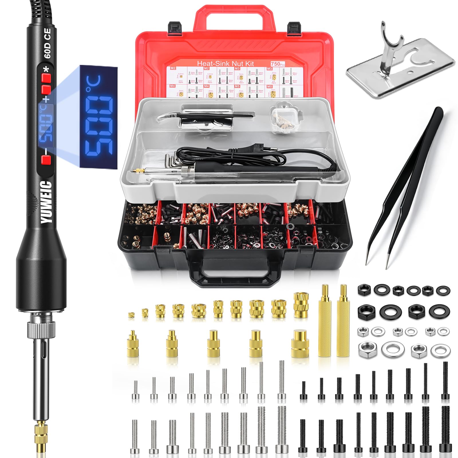 Threaded Inserts Set 57W Nut Inserts Tool Kit Digital Soldering Iron with Adjustable Temperature 392°F–932°F, M2 M3 M4 M5 M6 Heat Insert Tips with Suitcase for 3D Printing DIY Plastic Repair Tool — image 1