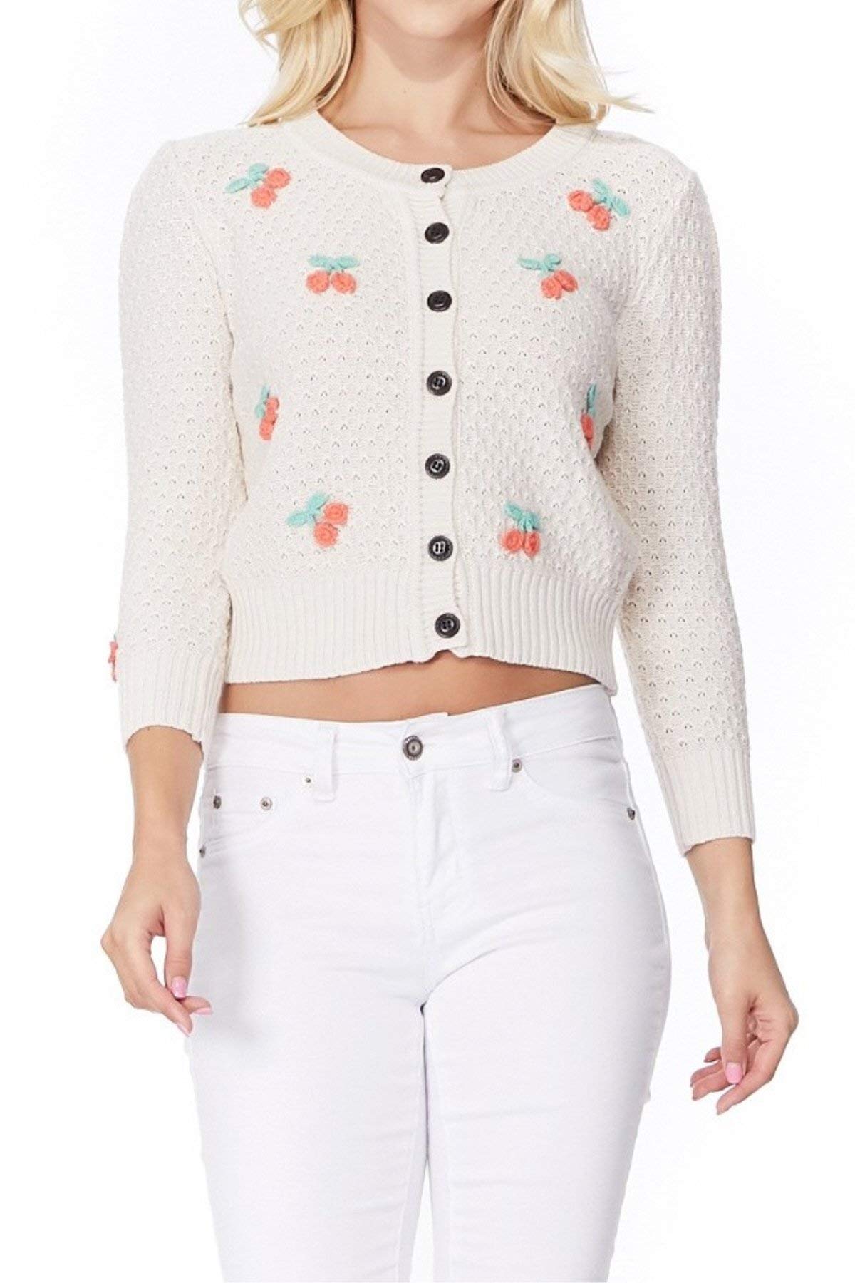 YEMAKWomen's Cropped Cardigan Sweater 3/4 Sleeve Crewneck Basic Classic Casual Button Down Soft Crochet Knit Top (S-3XL)