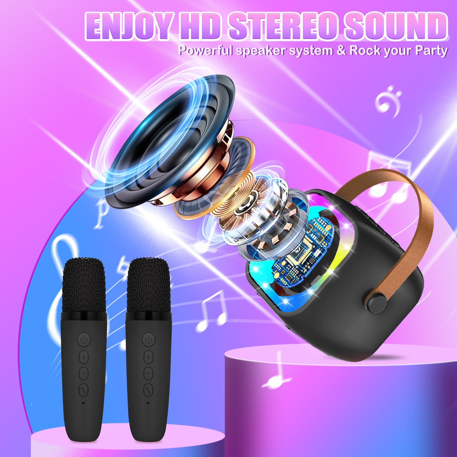 Karaoke per Bambini con 2 Microfoni, Microfono Bambini con Luce LED, Macchina Karaoke Portatile Microfono Wireless con Effetti di Cambio Voce, Giocattoli Elettronici Regali per Bambini da 3 a 18 anni