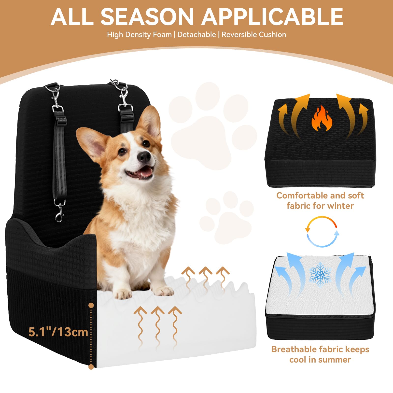 PETSFIT Hundesitz für Auto bis 15 kg – 13cm Memory Foam Booster, Sicherheitsgurt-System, abnehmbarer & waschbarer Bezug, Schwarz
