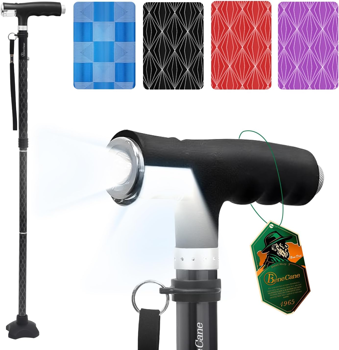 BeneCane Walking Cane for Women Folding Cane for Men with Two Led Lights Quad Cane with Stable Base Lightweight and Adjustable Walking Stick