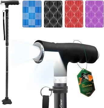 BeneCane Walking Cane for Women Folding Cane for Men with Two Led Lights Quad Cane with Stable Base Lightweight and Adjustable Walking Stick