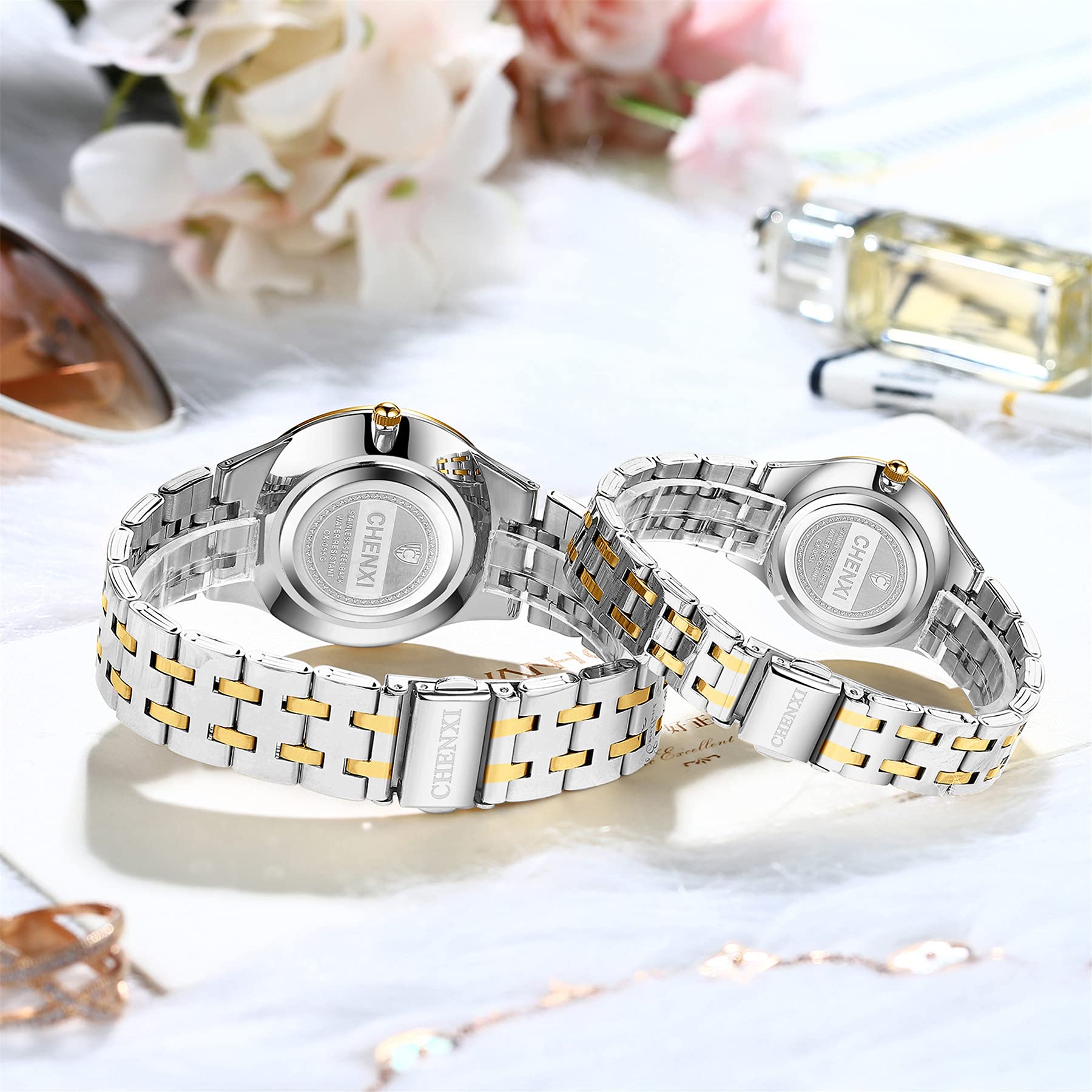 JewelryWe Para analogowych zegarków kwarcowych z kalendarzem, wodoodporny 30 m, bransoletka ze stali nierdzewnej, dla mężczyzn i kobiet, z tarczą ze strasu