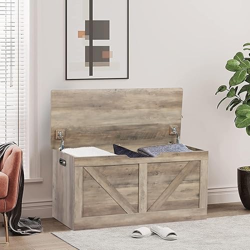 Miniatura 8 de Baúl de almacenamiento de 39.4 pulgadas, banco de almacenamiento de madera, baúl de almacenamiento grande con 2 bisagras de seguridad, banco de