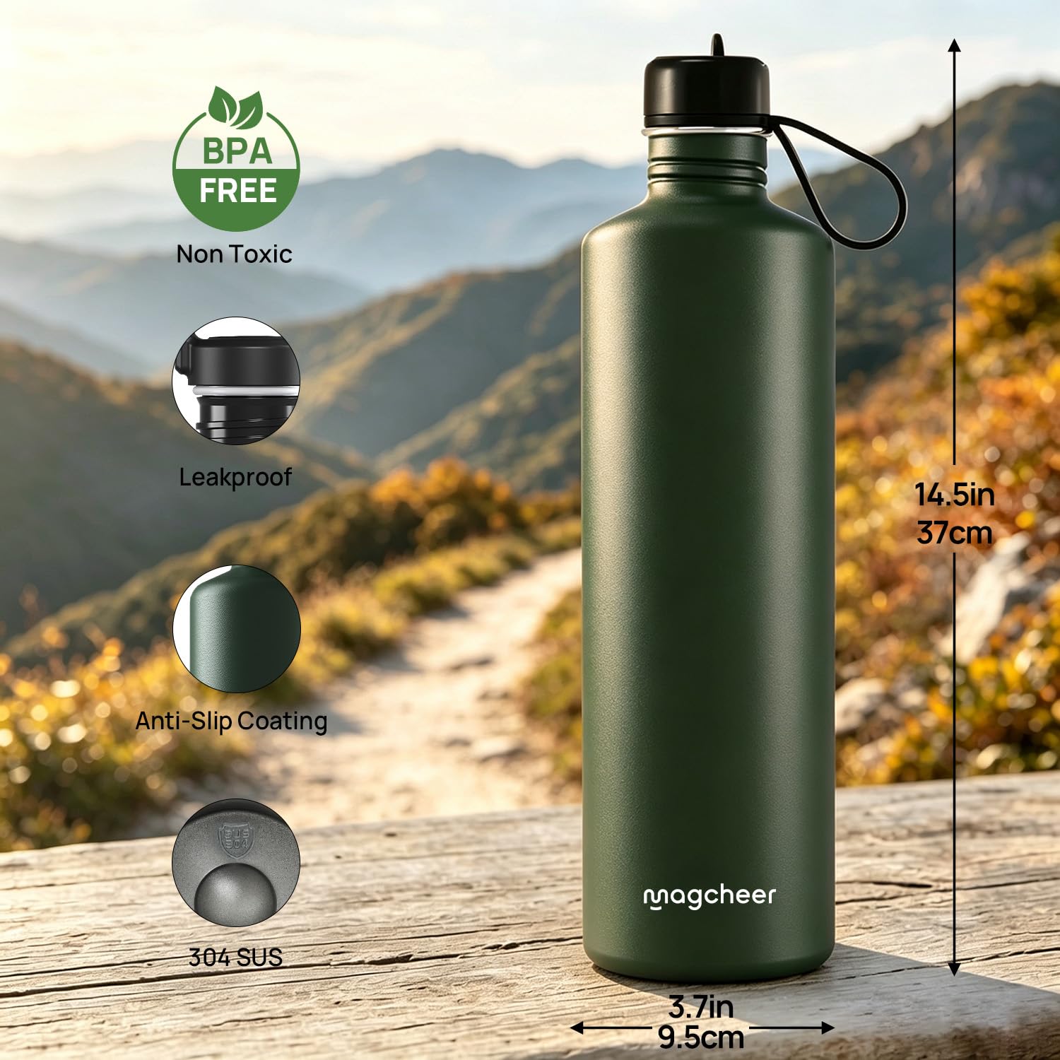 magcheer Borraccia 2 Litri Acciaio | Borraccia Non Isolata a Parete Singola | Ecologica Riutilizzabile | Bottiglia in Metallo a Prova di Perdite per Campeggio e Sport all'aria Aperta(Verde)