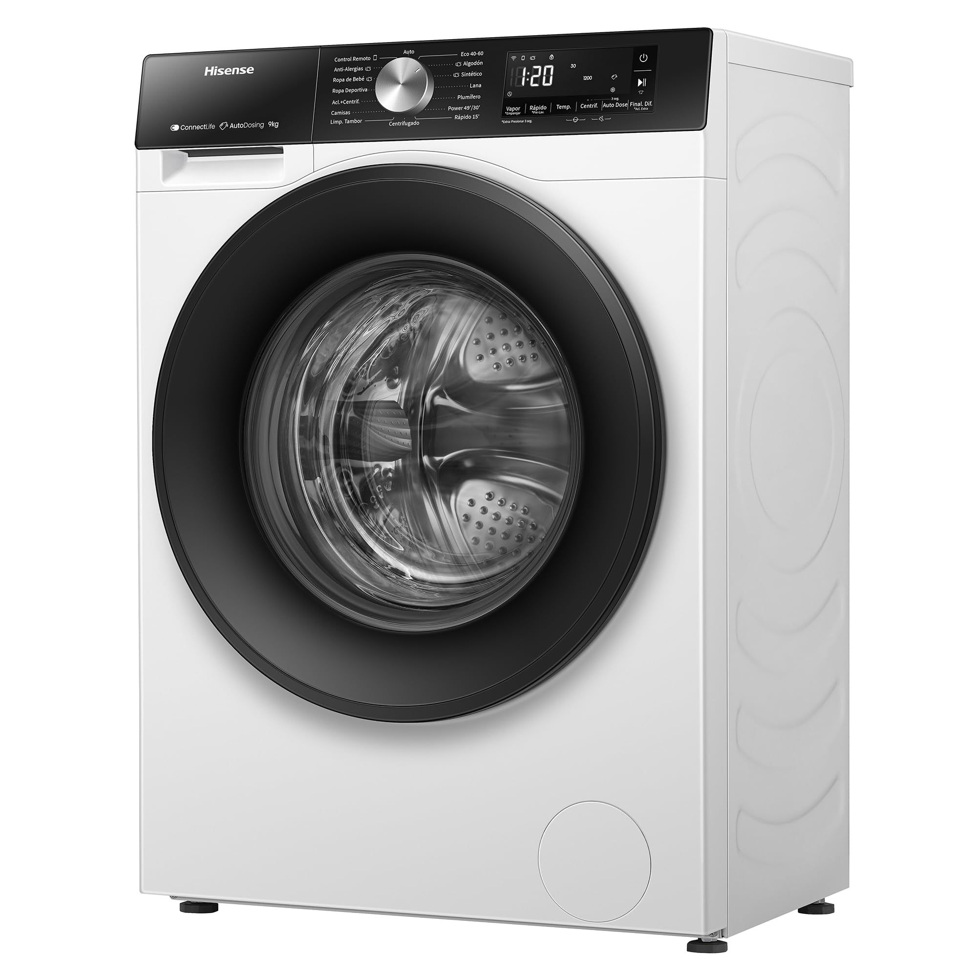 Hisense WF3S9045BW3 - Lavadora con Vapor, Clase A, 9kg, Auto Dosificación, Conectividad WiFi, Función Vapor 99,9%, Lavado Auto Wash, Lavado Rápido 15', PureJet, Blanco