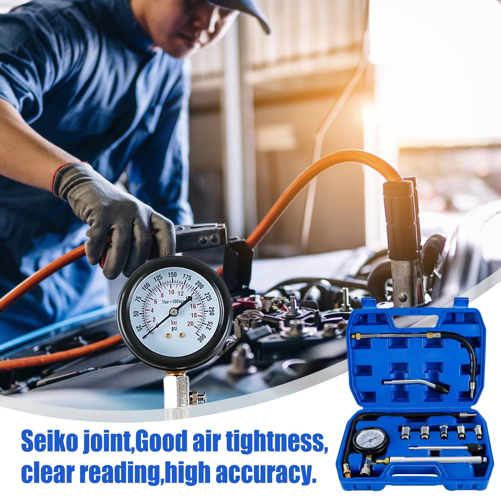 Set di tester di compressione per auto, tester di compressione, motore a benzina, 0-300 PSI/0-20 bar, tester di compressione per auto, benzina, controllo della compressione, misuratore di compressione