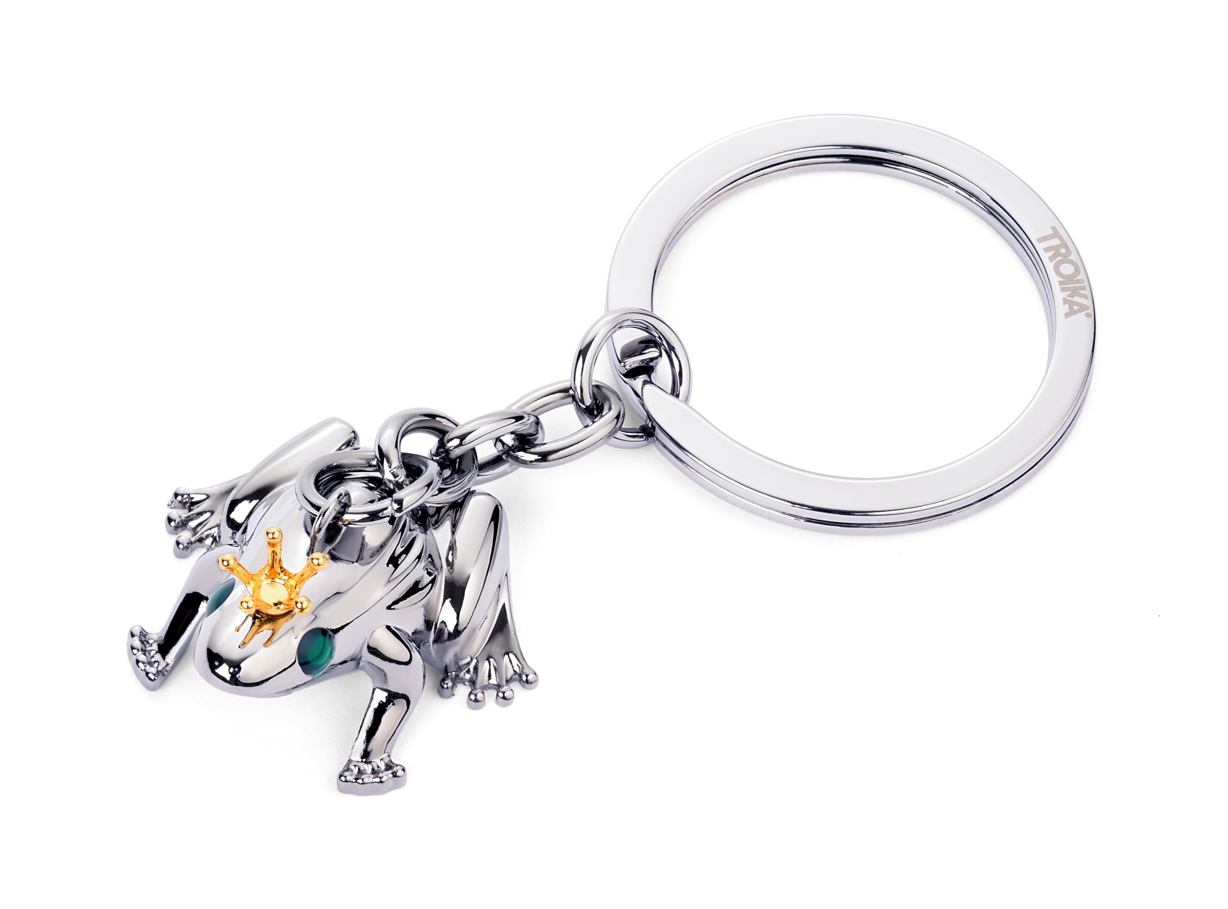 TROIKA Breloczek do kluczy z żabą z koroną – FROSCHKÖNIG – odlew metalowy – chromowany – srebrny, złoty, zielony – oryginalny, srebrny, 7,8 x 3,5 x 2 cm