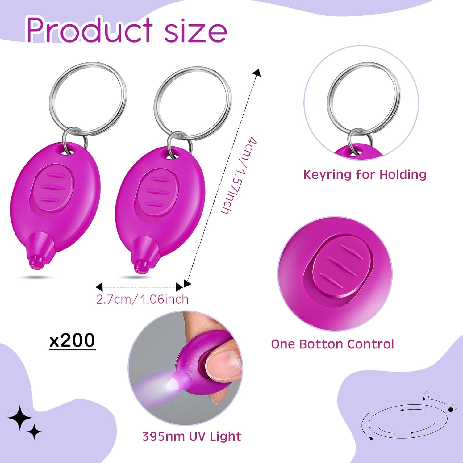 VIHOSE 200 Pcs UV Keychain Light 395nm Mini UV Keychain Flashlight Bulk Portable Tiny LED Light for Stain Detection & Scorpion Finder, Battery Included