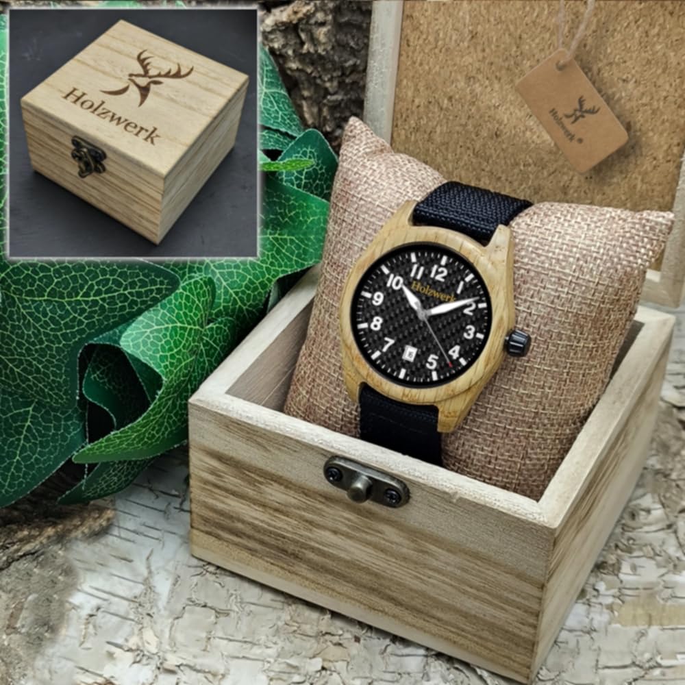 Handgefertigte Holzwerk Designer Damen Herren Uhr Öko Natur Holz Armband Analog Klassisch Quarz in Schwarz Braun Weiß Datum mit Textil Nylon Armband
