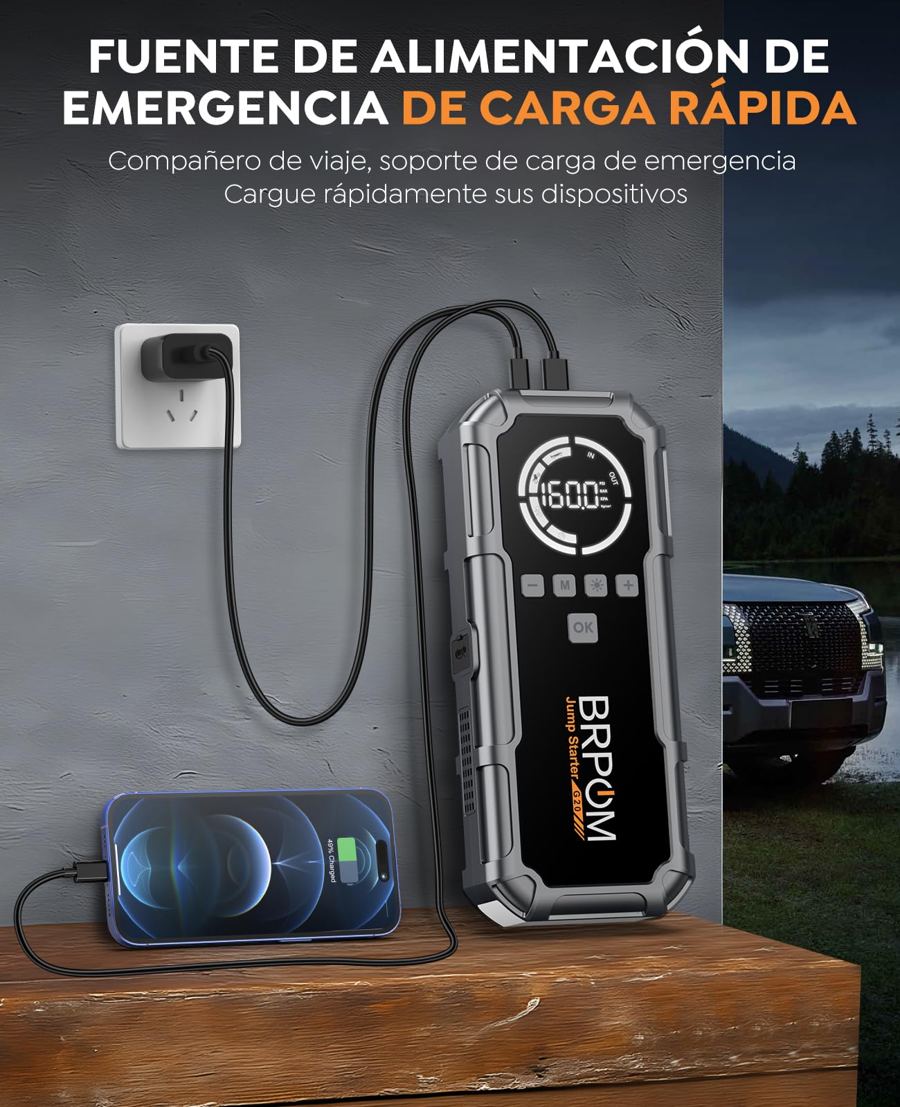 BRPOM Arrancador de Coches con Compresor de Aire, 80000A Arrancador de Batería de Coche, 160PSI Compresor Aire Portatil, Toda Gasolina o 12L Diésel, 26800mAh Banco de Energía, 600 Lumen LED