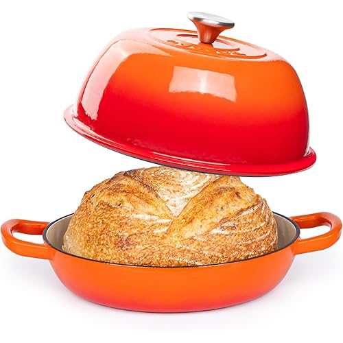 Enamelled Cast Iron Dutch Oven Pot – Dutch Oven For Sourdough Bread Baking – Cast Iron Bread Pot – Orange, 6 Quarts, 26cm – by Nuovva