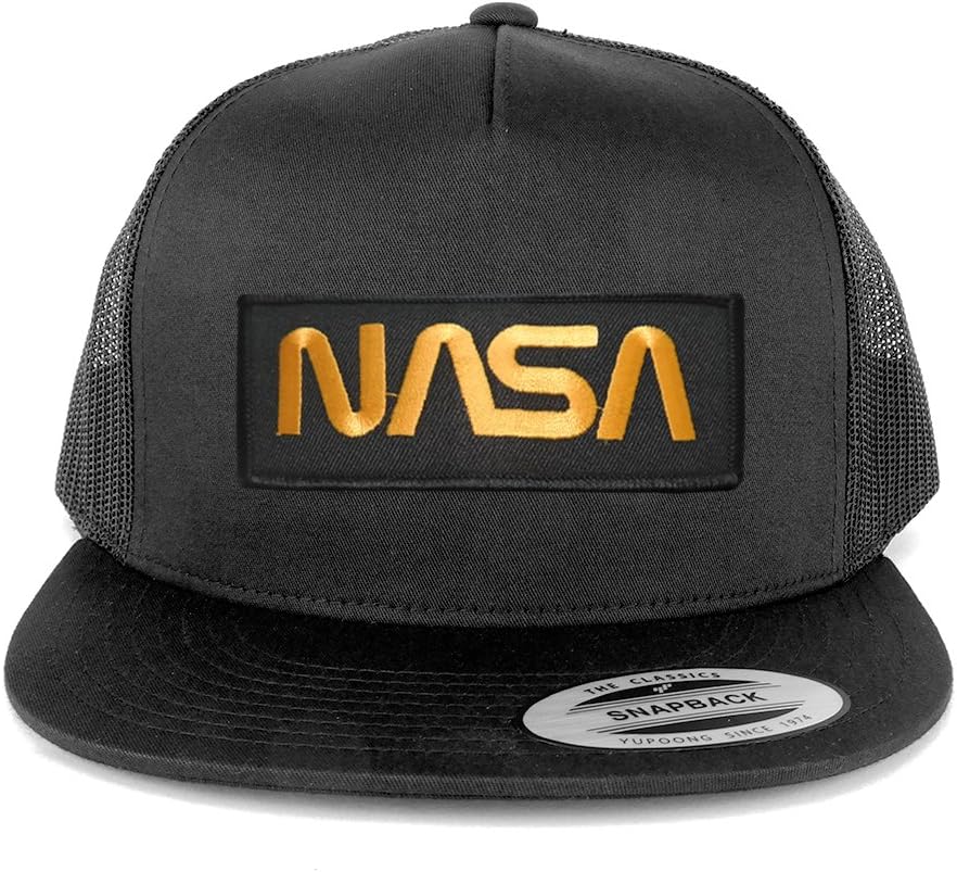 Armycrew Oversize XXL NASA Worm Gold Text Patch 5 Panel Flatbill Snapback Mesh Cap
