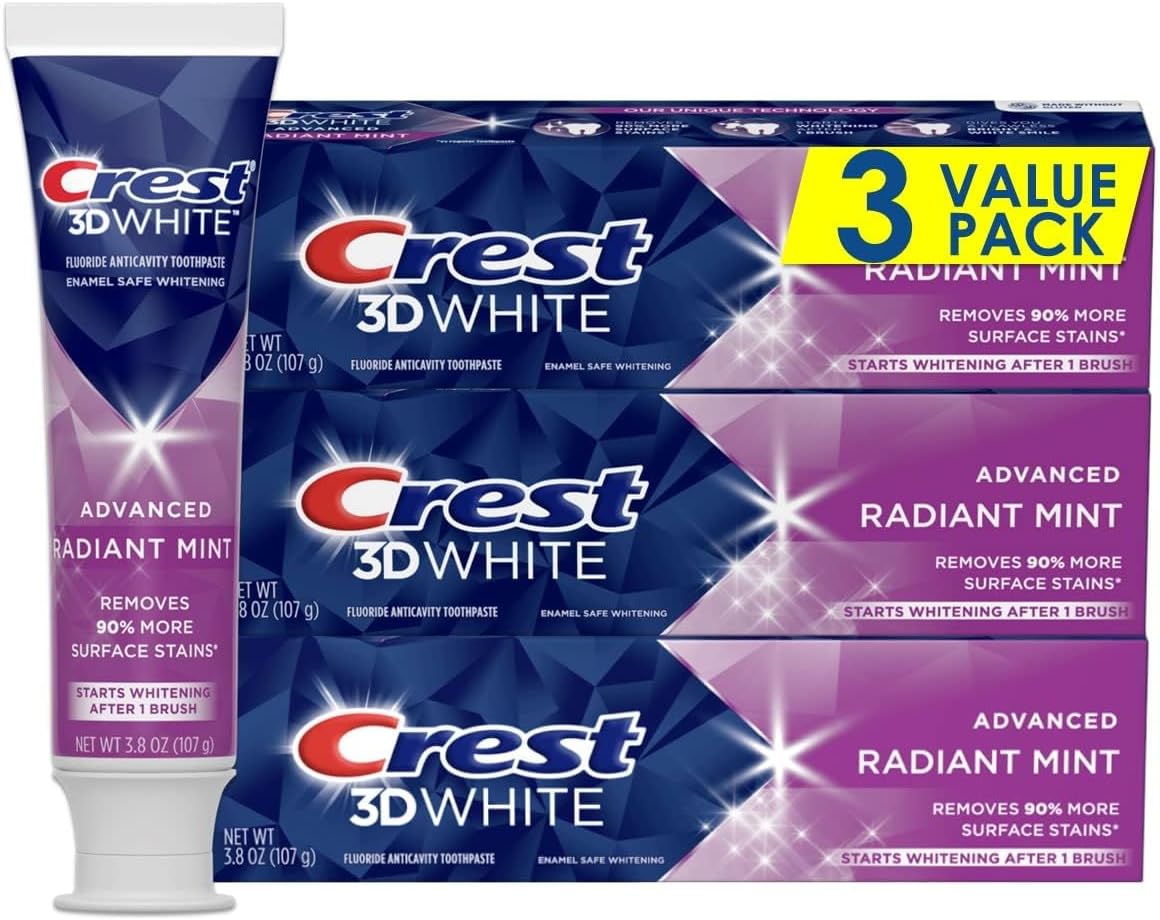 Crest 3D White Radiant Mint Whitening Toothpaste, Pack of 3, 323 g, Mint