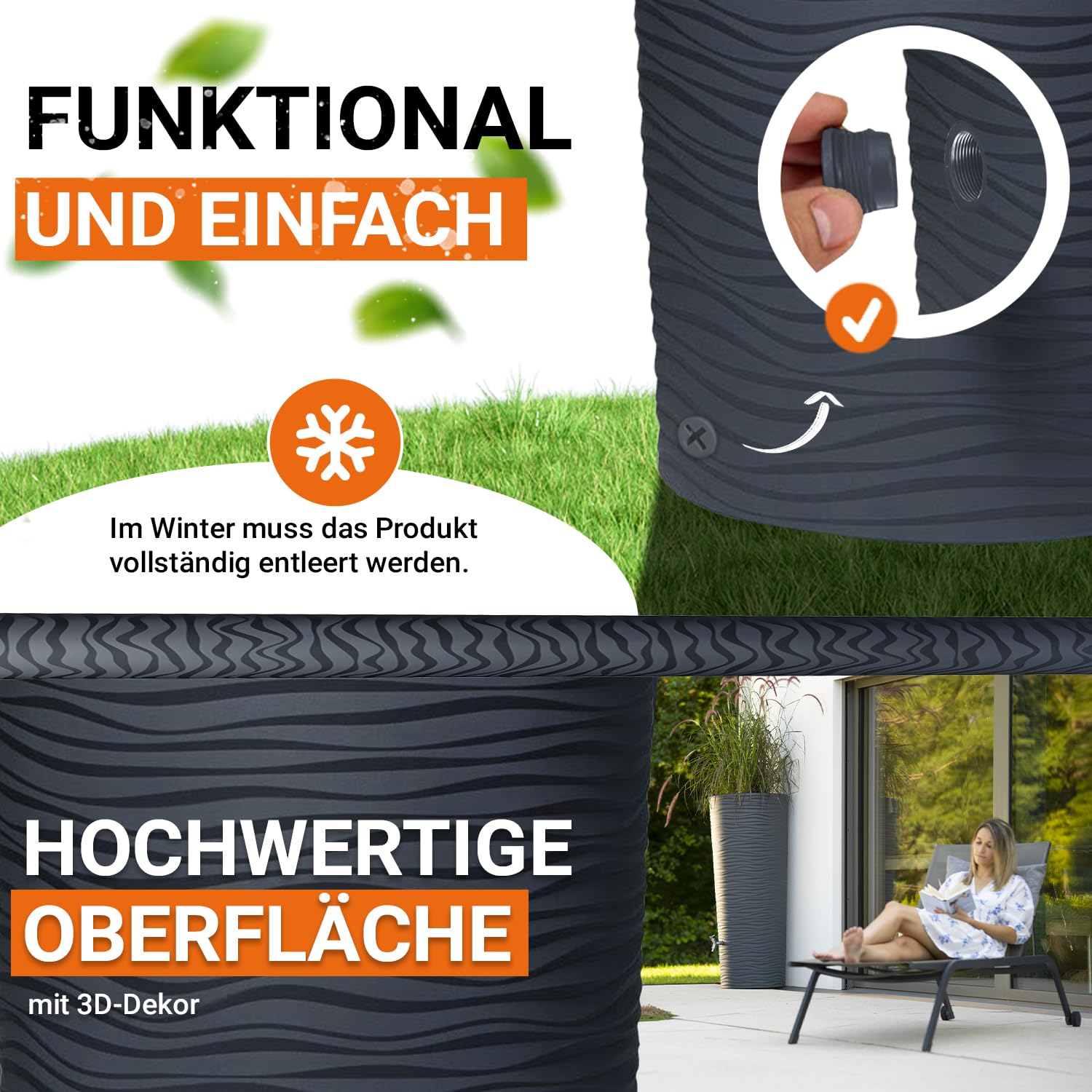 GARANTIA Natura 2in1 Regentonne 350 Liter Graphite Grey inkl. Pflanzschale | Wassertank, Regenfass, Regenwassertonne, Wasserbehälter, Regenwassertank, Wasserfass, Wassertonnen für Garten