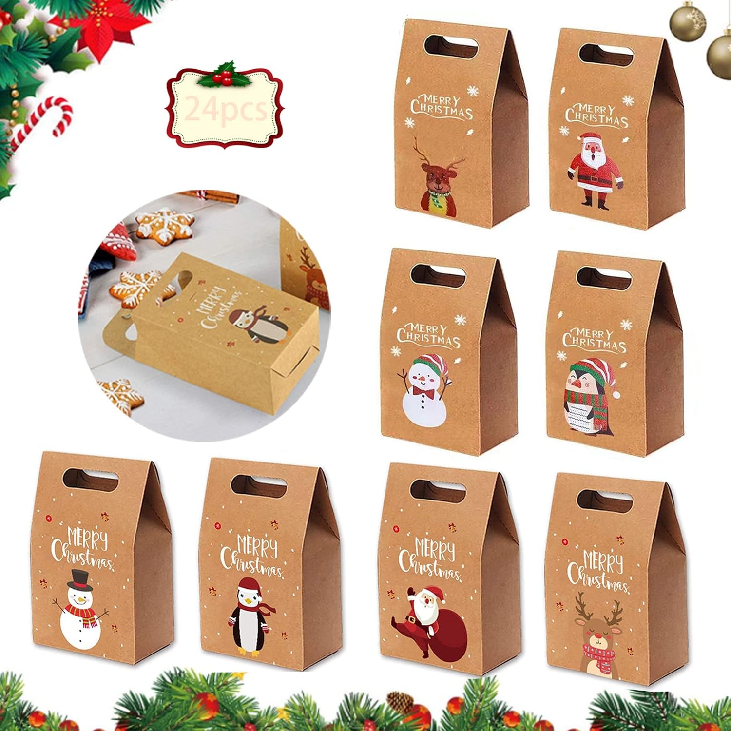 Weihnachtstüten, 24 Stück Kraftpapier-Geschenktüten Weihnachten ...