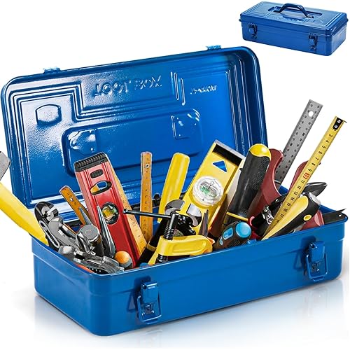 Portable Steel Tool Box, 16 Inch Metal Tool Organizer Box with Double Latch Closure and Handle, Heavy Duty Storage Toolbox Chest for Workshop, Garage, Warehouse, Household, Blue