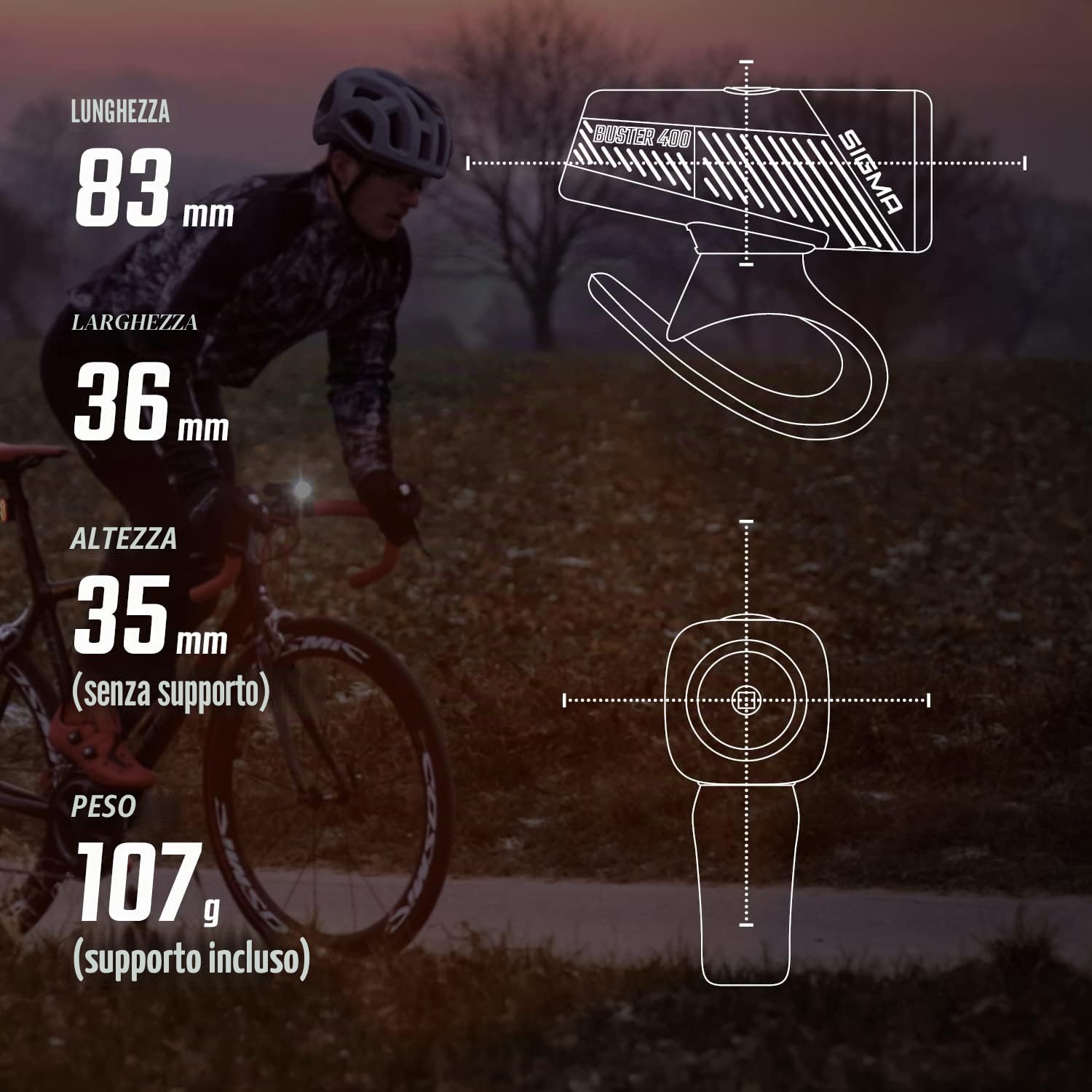 SIGMA SPORT - BUSTER 400 FL | BUSTER 400 FL e BLAZE FLASH | Luce per bici a LED da 400 lumen | luce anteriore a batteria con cinque modalità di illuminazione | fissaggio con funzione di sgancio rapido