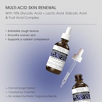Advanced Clinicals Exfoliating 10% Glycolic Acid Serum For Face + Lactic Acid | Facial Exfoliant AHA + Salicylic Acid Serum, 1.75 FL Oz