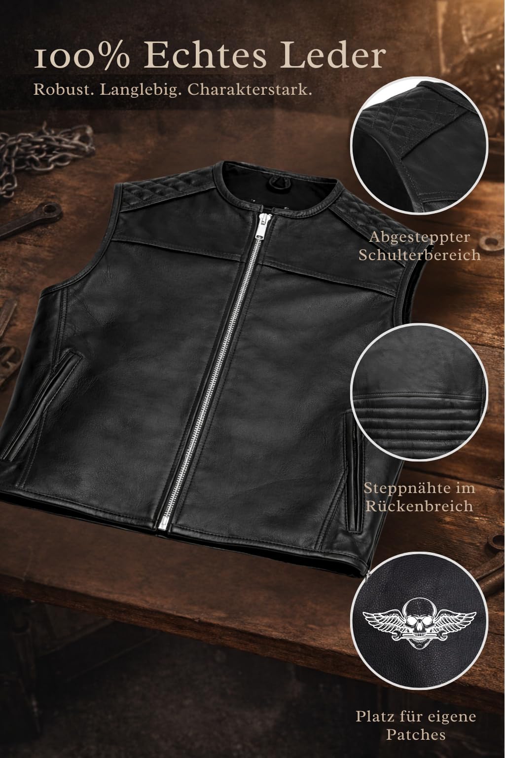 PAULGOS Lederweste Weste Kutte Leder Biker Rocker Motorrad Clubweste Bikerweste Motorradweste Schwarz BW9