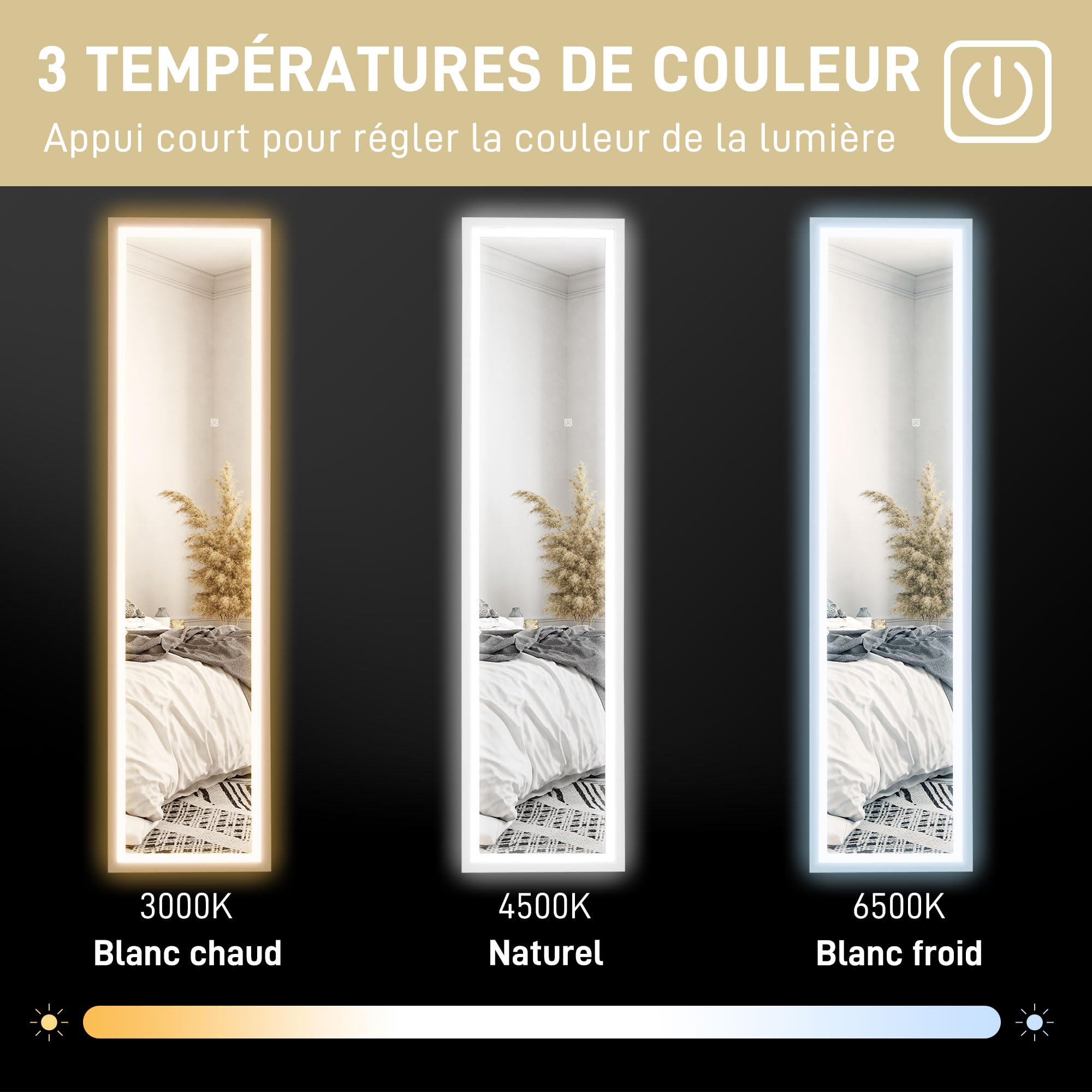 HOMCOM Grand Miroir Pleine Longueur 40 x 160 cm en Verre trempé, éclairage LED 3 Couleurs et Support, Miroir Mural ou sur Pied rectangulaire, pour Chambre à Coucher, Salon et Dressing, Blanc
