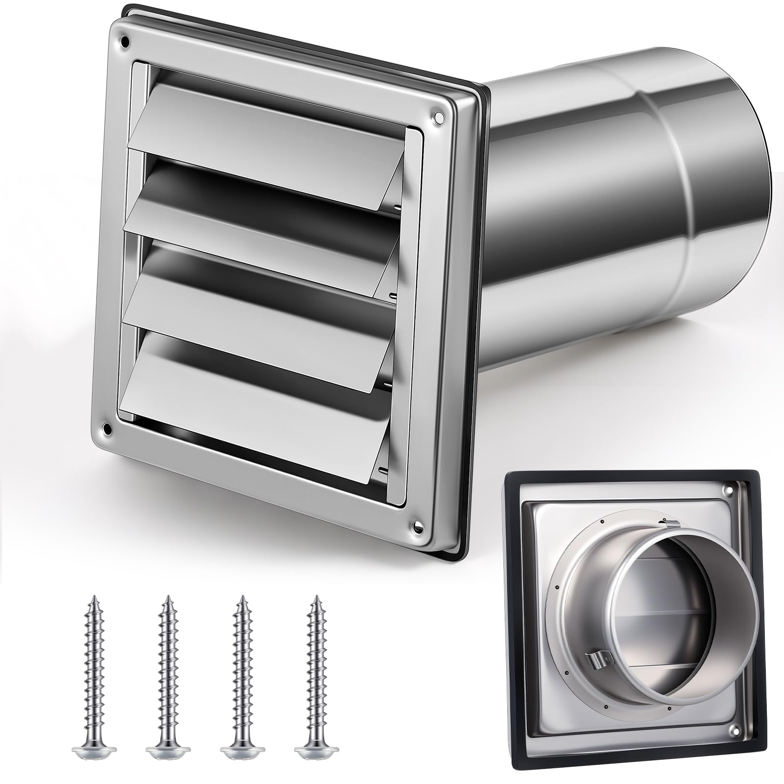 Photo 1 of Shimeyao 4" Wall Vent Cover Stainless Steel Outside Dryer Vent Covers for House Exhaust Duct Kit with Removable Extension Pipe 8 Inch and 4 Screw for House Outdoor Extended Air Pipe, Silver