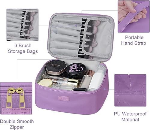 Miniatura 5 de MAANGE Bolsa de maquillaje  Bolsa de cosméticos grande con 2 bolsas de maquillaje pequeñas, bolsa de maquillaje portátil de cuero de viaje, bolsa de