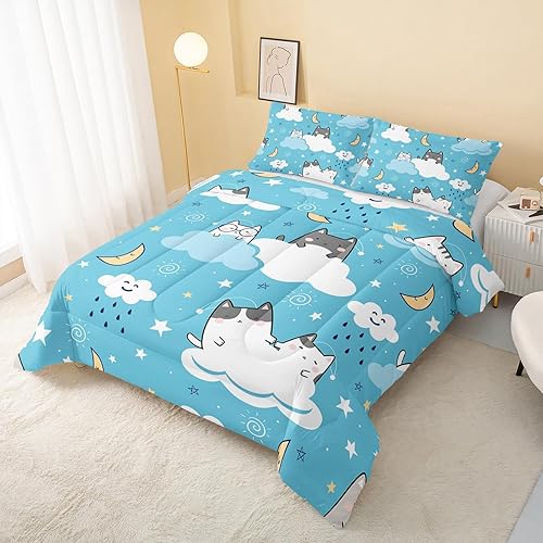 Miniatura 3 de QOOMO Edredón de gato tamaño individual, juego de edredón de gatos de nube azul para niños, adolescentes, niñas, niños, juego de ropa de cama