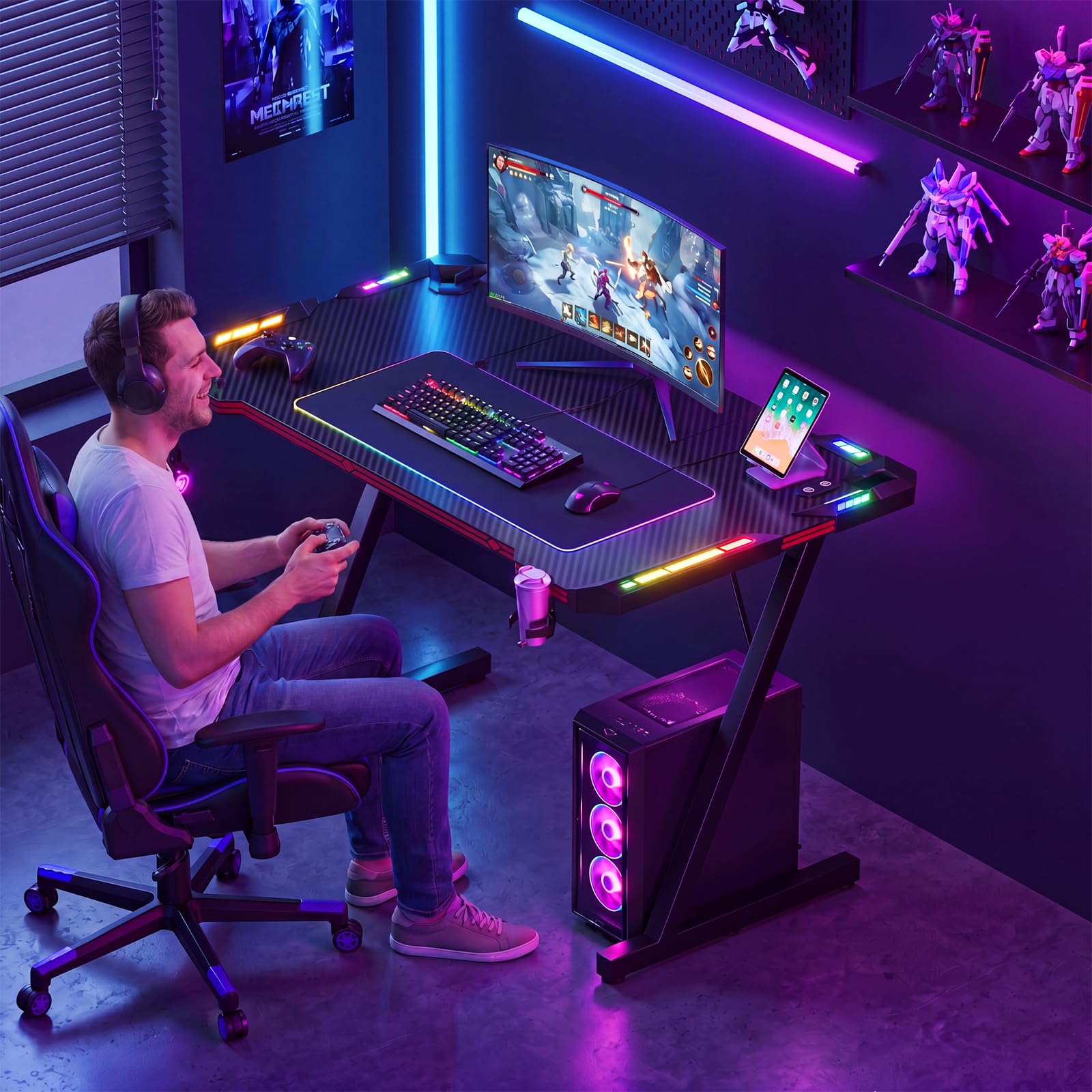 Scrivania Gaming LED 120x60 cm - Tavolo da Gaming con Luci RGB a Controllo Tattile, Piano in Fibra di Carbonio Nero, Ganci per Cuffie, Design Ergonomico, Scrivania PC per Setup Gamer Professionale